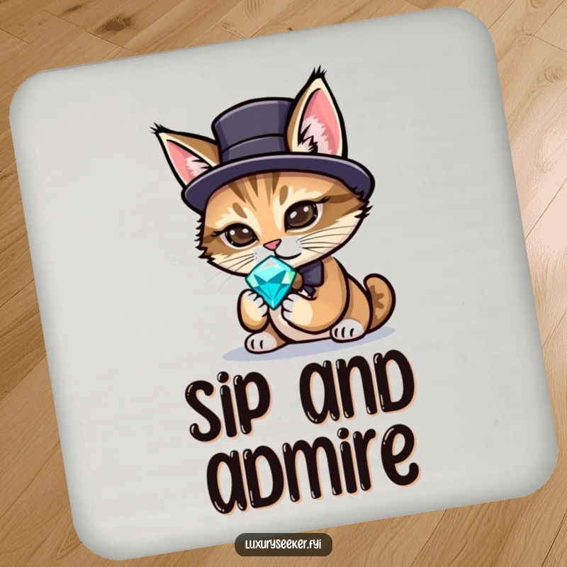 Funny drink coaster featuring a sophisticated cat wearing a tiny top hat, examining a lustrous gemstone.