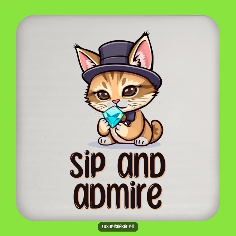 Funny Sophisticated Cat Coaster – Protect Surfaces With Gemstone Charm