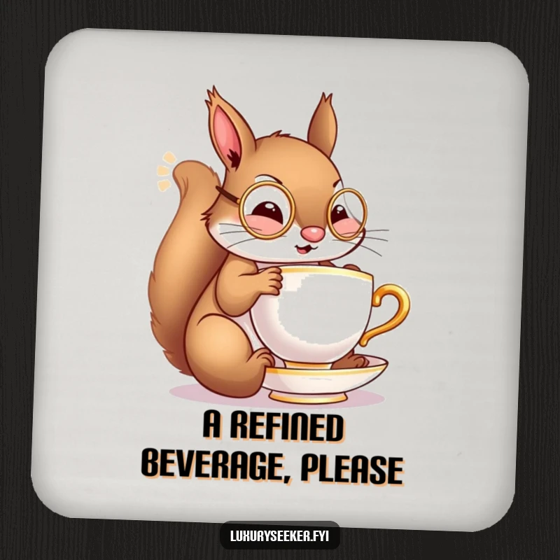 Funny drink coaster featuring a cheerful squirrel with a tiny monocle, sipping from a miniature golden teacup, adding sophisticated charm.