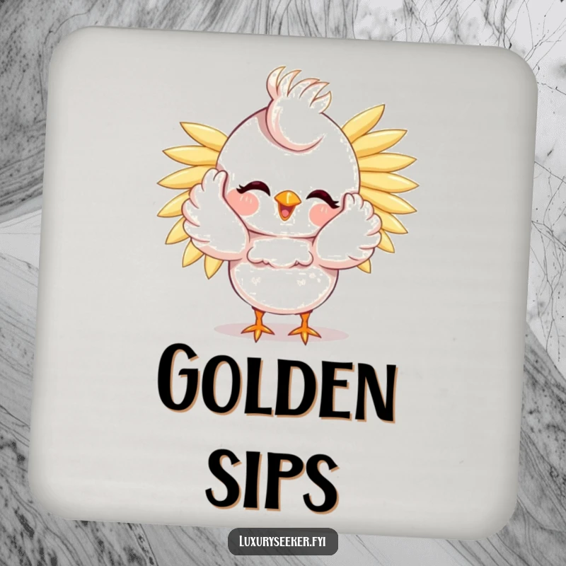 Funny Bird Coasters: A happy bird preens with golden feathers, adding a touch of humor and protecting surfaces from drinks.