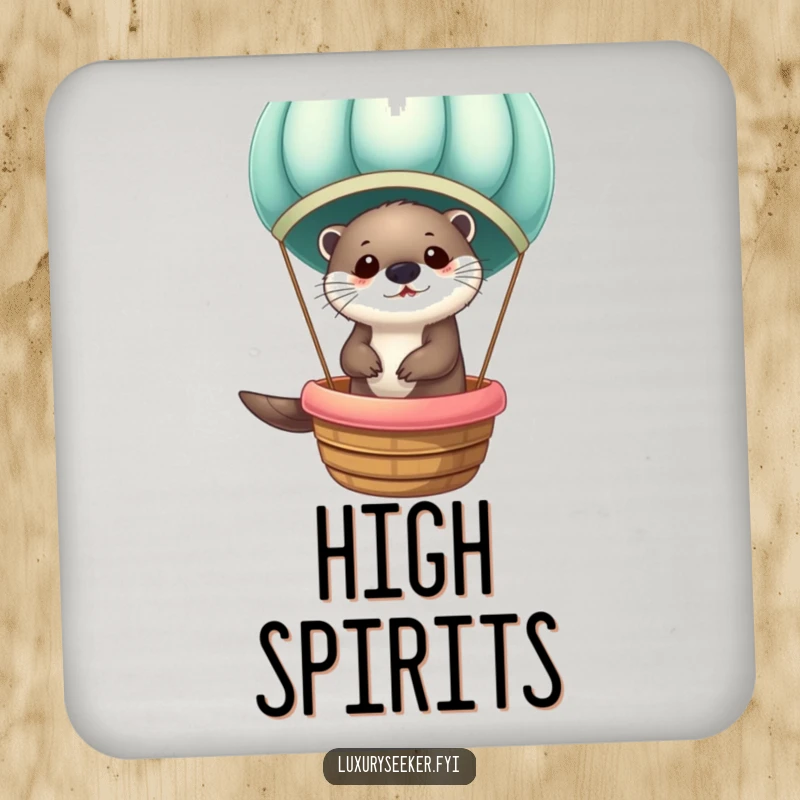 Funny Otter in Velvet Hot Air Balloon Coaster: Decorative coaster featuring an otter's charming velvet balloon trip, protecting surfaces with humor.