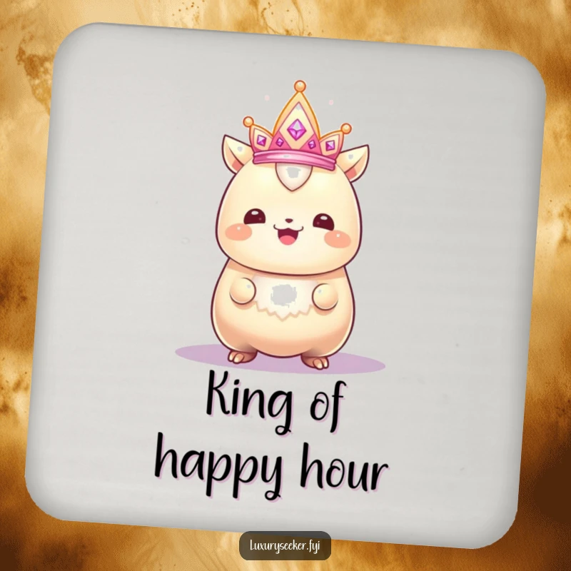 Funny drink coaster featuring a gleaming creature with a proud smile admiring a sparkling, tiny crown, providing humorous regal surface protection.