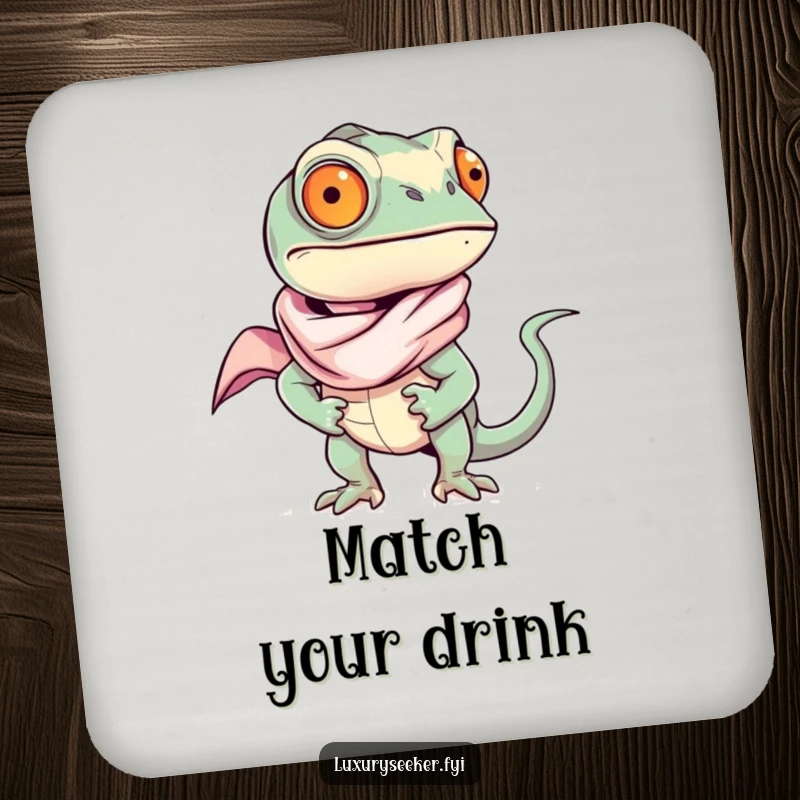 Funny chameleon in a silk scarf, looking confident on a drink coaster, adding a touch of sass, a unique funny gift.
