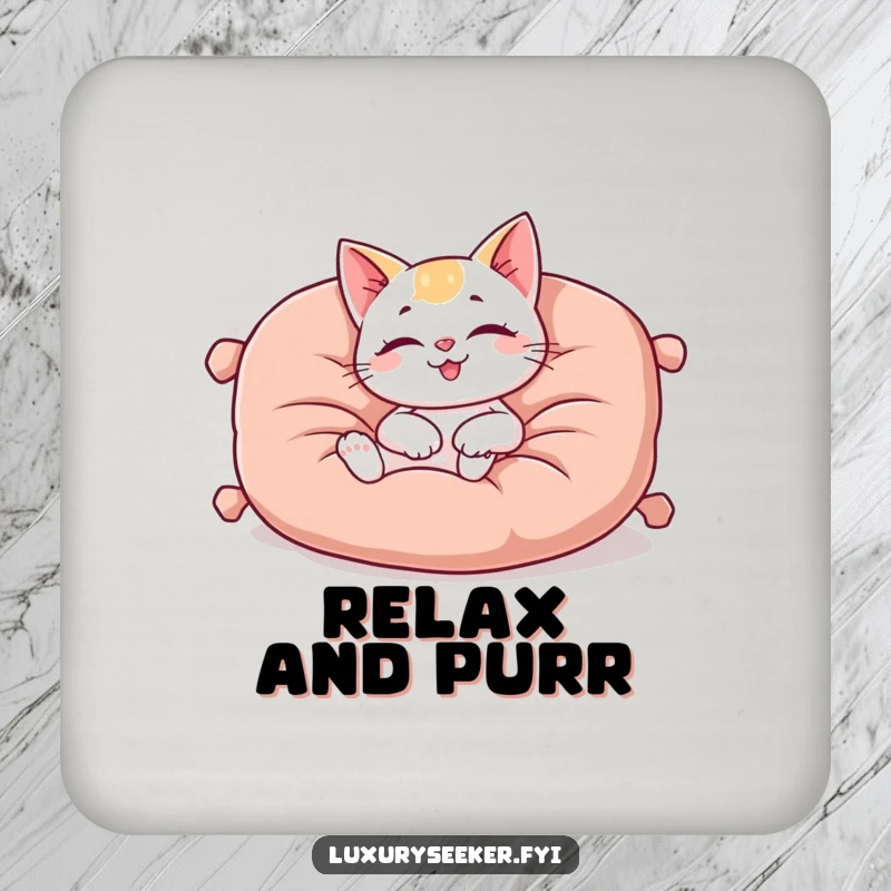 Funny drink coaster featuring a happy cat character lounging on a plush, oversized velvet cushion, protecting surfaces with cozy flair.