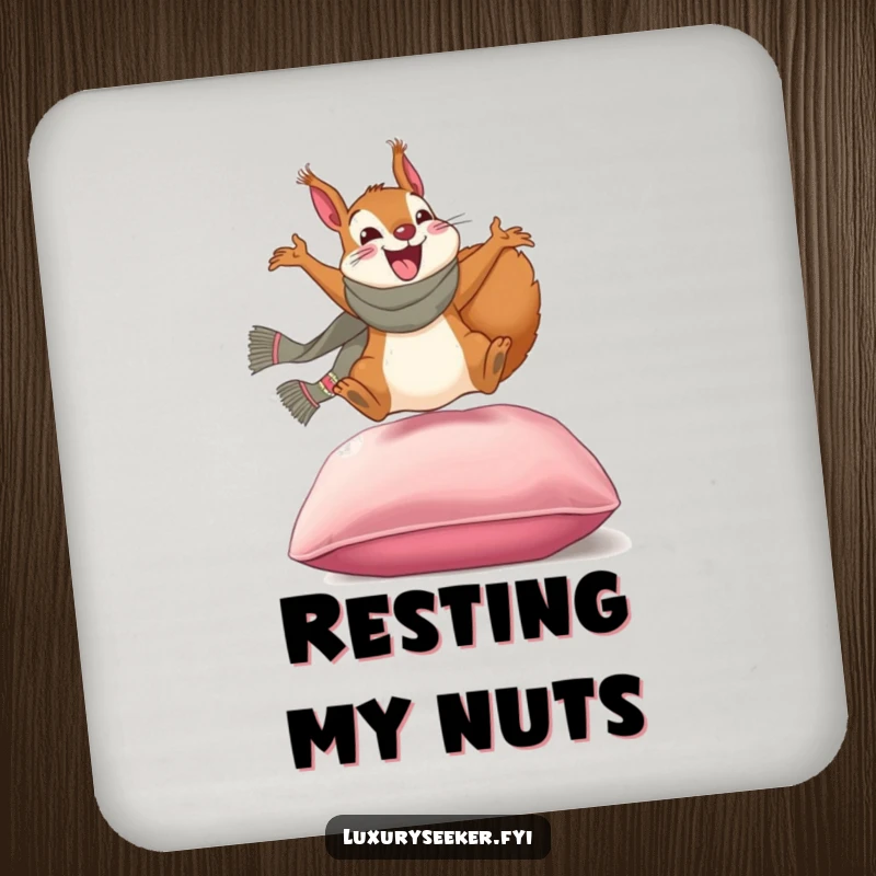 Funny coasters: A happy squirrel in a designer scarf jumping onto a plush velvet cushion, great for stylish surface protection.