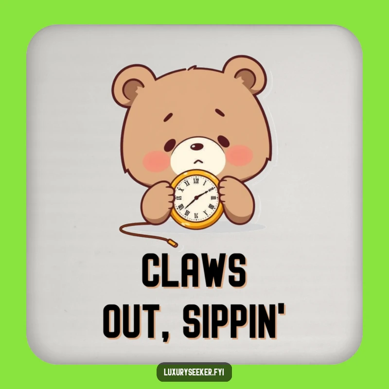Set of Funny Bear Coasters: Pocket Watch Art, Unique Funny Gift for Tables