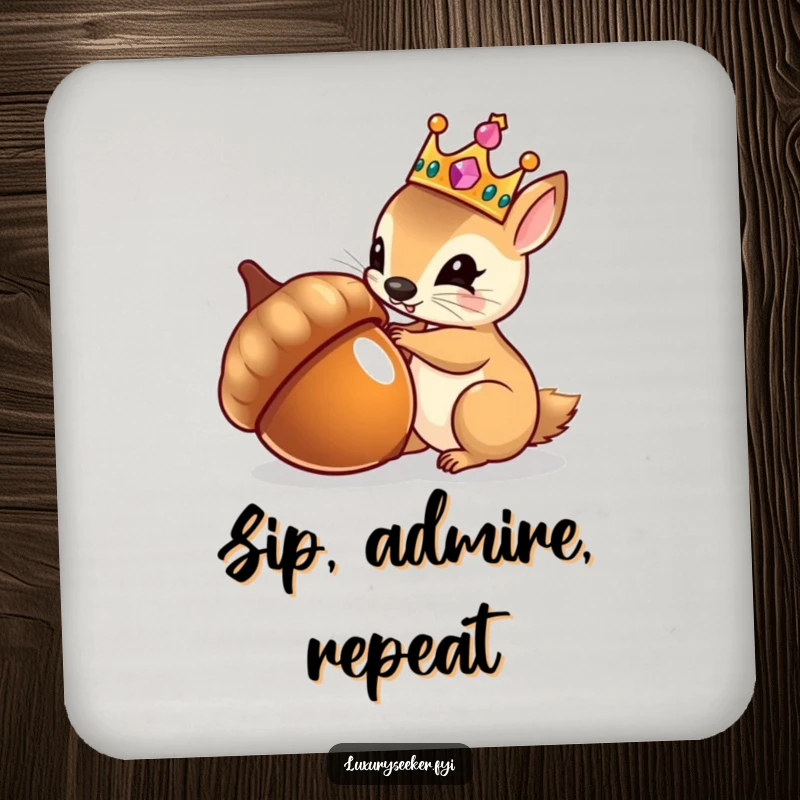 Funny drink coaster featuring a tiny squirrel wearing a jeweled crown, admiring its reflection in a polished acorn.