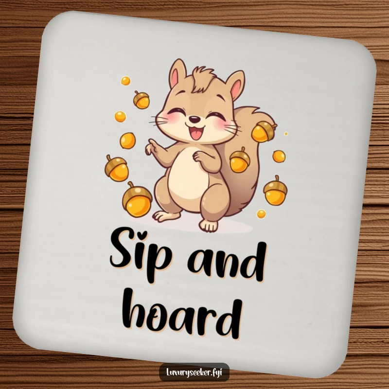 Funny Coaster with a playful squirrel character juggling shiny golden acorns, offering humorous protection for tables.