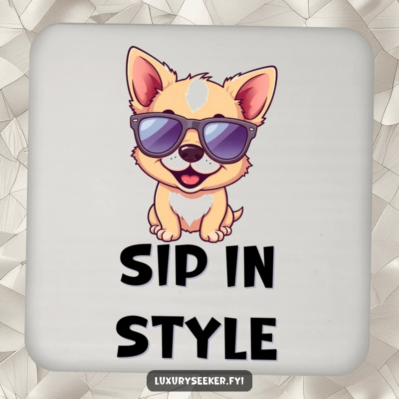 Funny dog drink coaster showcasing a playful dog wearing small designer sunglasses, protecting furniture with a humorous and stylish design.