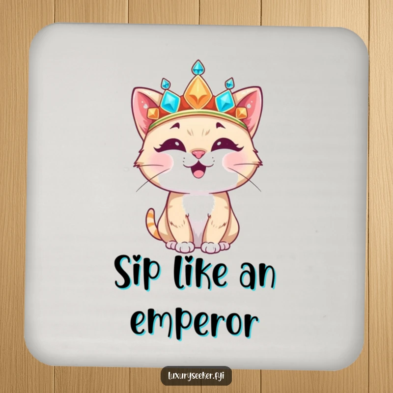 Funny Coaster with a happy cat character wearing a jeweled crown, offering stylish and humorous protection for tables.