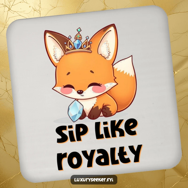 Funny Drink Coaster showing a cheerful fox in a sparkly tiara, admiring a jewel, protecting surfaces.