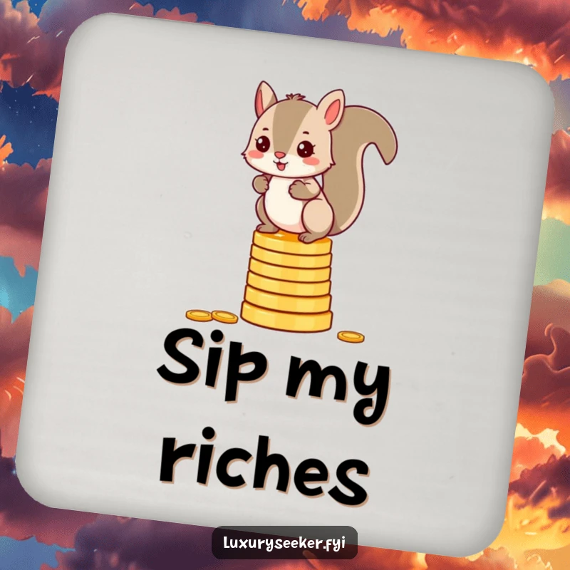 Funny squirrel drink coaster featuring a mischievous character balancing on a stack of shiny gold coins, protecting surfaces with style.