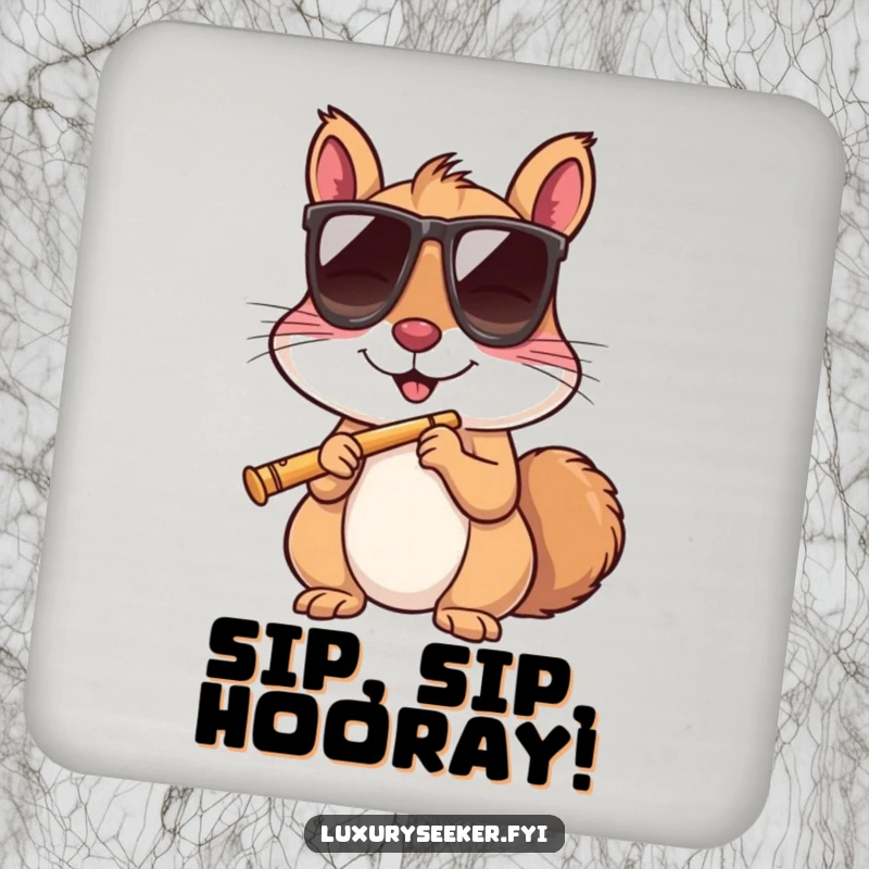 A single funny coaster with a squirrel wearing sunglasses and sipping from a tiny flute.