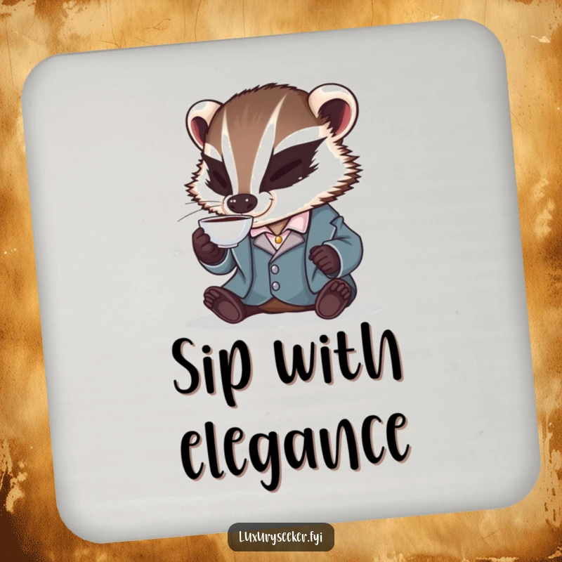 Funny drink coaster featuring a badger in a silk smoking jacket, daintily sipping tea, offering stylish and humorous surface protection.