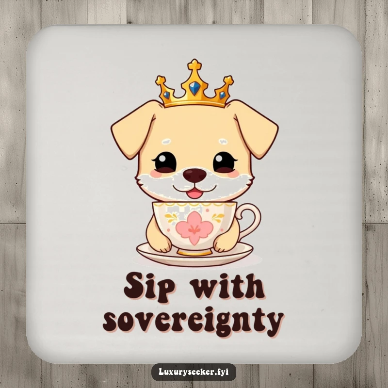 Funny Coaster: A happy dog wearing a crown, sipping from a golden teacup, protecting your surface.