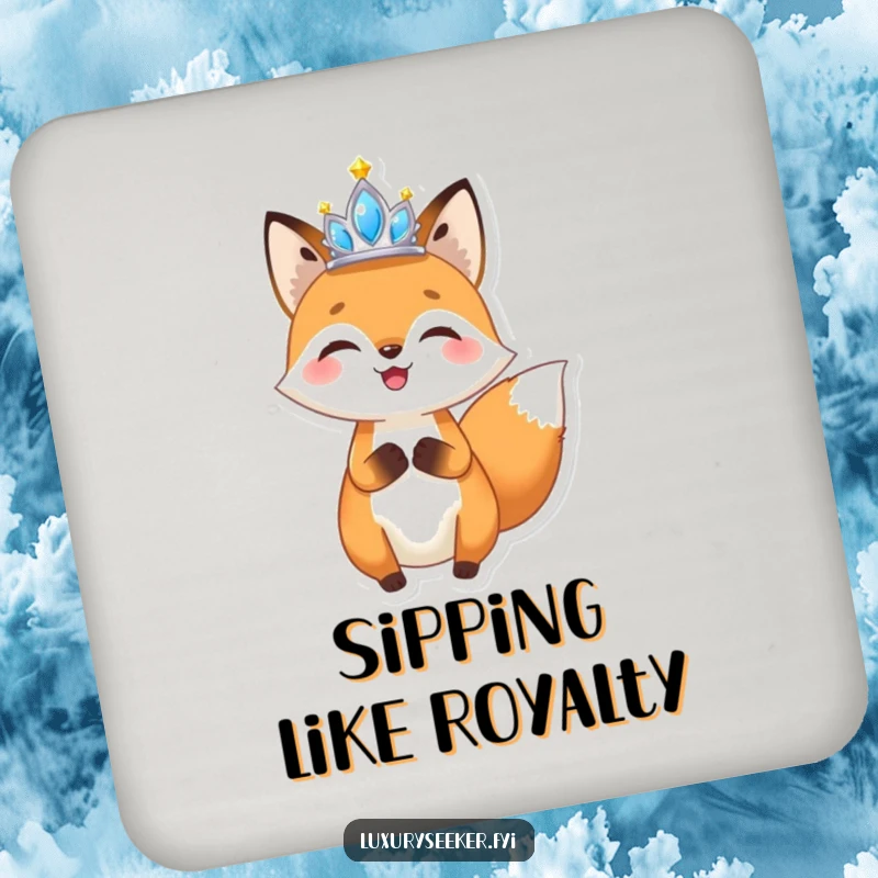 Funny Fox Tiara Coaster: A coaster showcasing a joyful fox holding a miniature, sparkling tiara aloft, adding glamorous humor to surfaces.