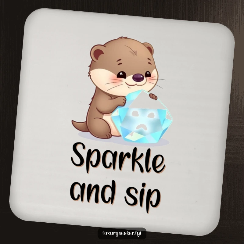 Funny otter drink coaster featuring a curious character examining a large, glistening gemstone with delight, protecting surfaces with style.