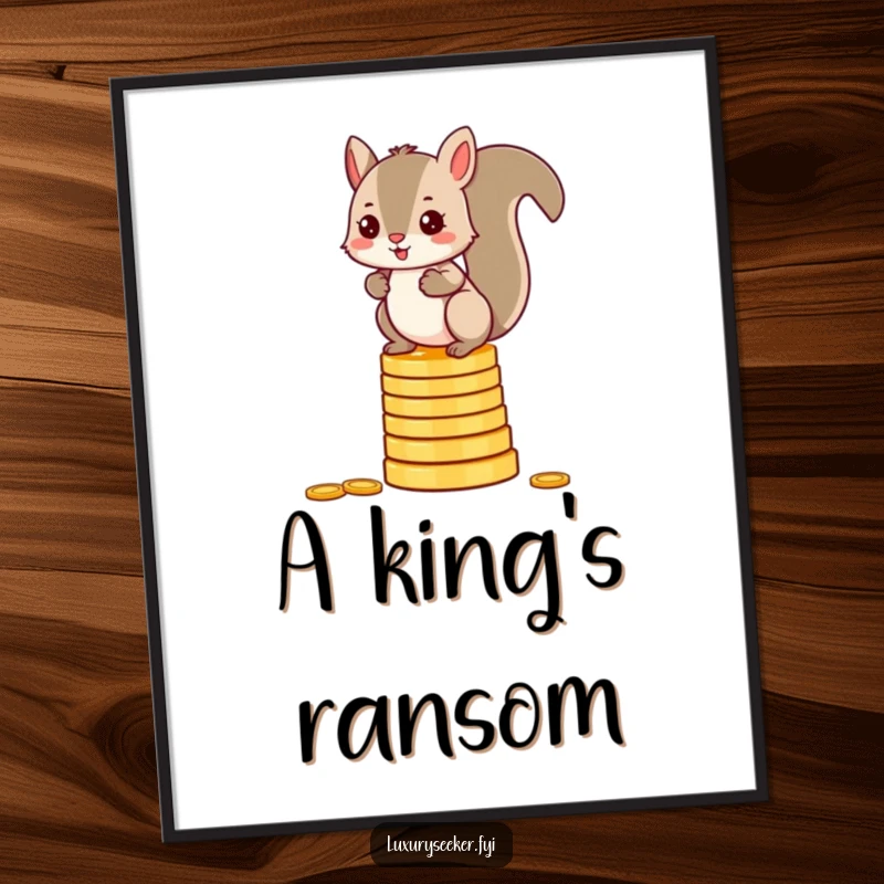 Funny squirrel poster print featuring a mischievous character balancing skillfully atop a precarious stack of gleaming gold coins.