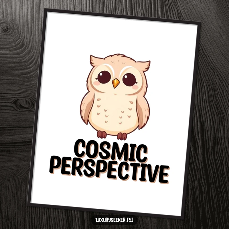 Funny contented owl gazing at twinkling stars as wall art, conveying peace and wonder, a funny gift.