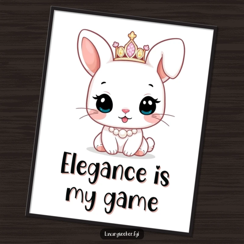 Funny poster displaying a cute bunny character wearing a tiny sparkling tiara and pearl necklace, exuding adorable, regal beauty.