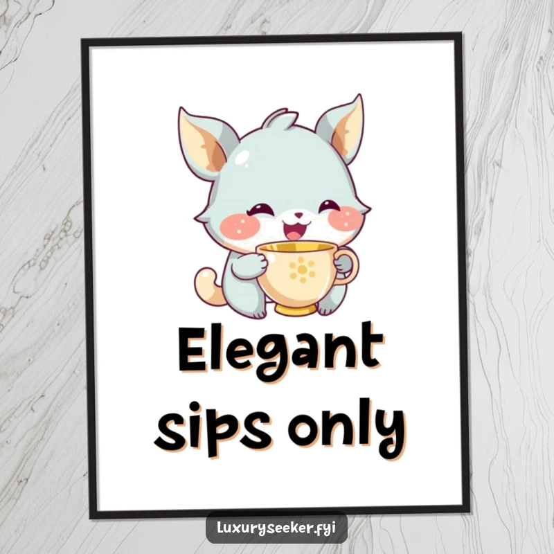 Funny poster art of a joyful creature with a knowing smile delicately sipping from a tiny, golden teacup, radiating calm and contentment.