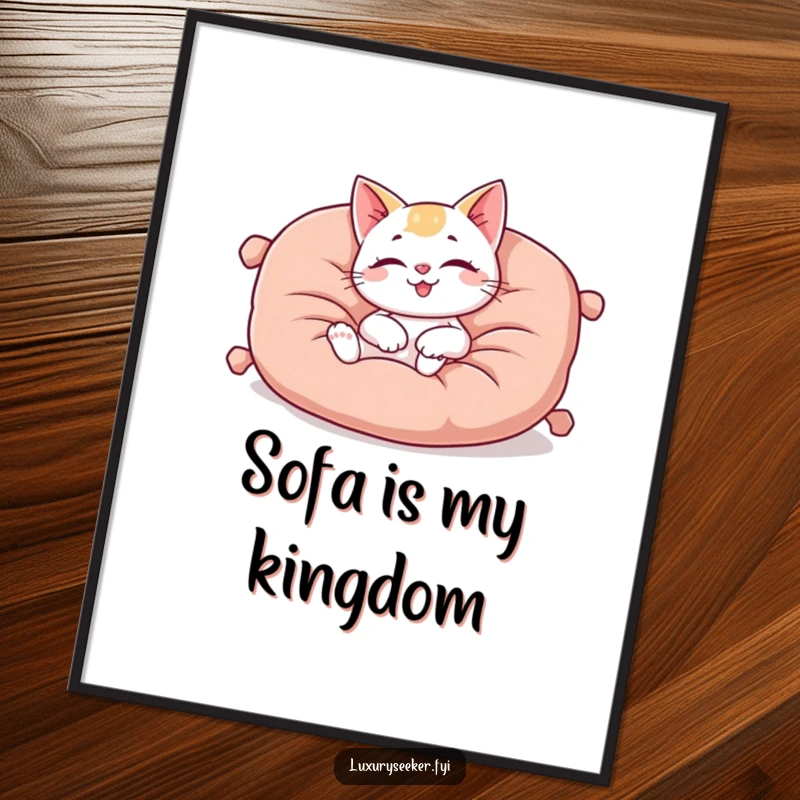 Funny poster displaying a happy cat character lounging on a plush, oversized velvet cushion, embodying ultimate comfort and relaxation.
