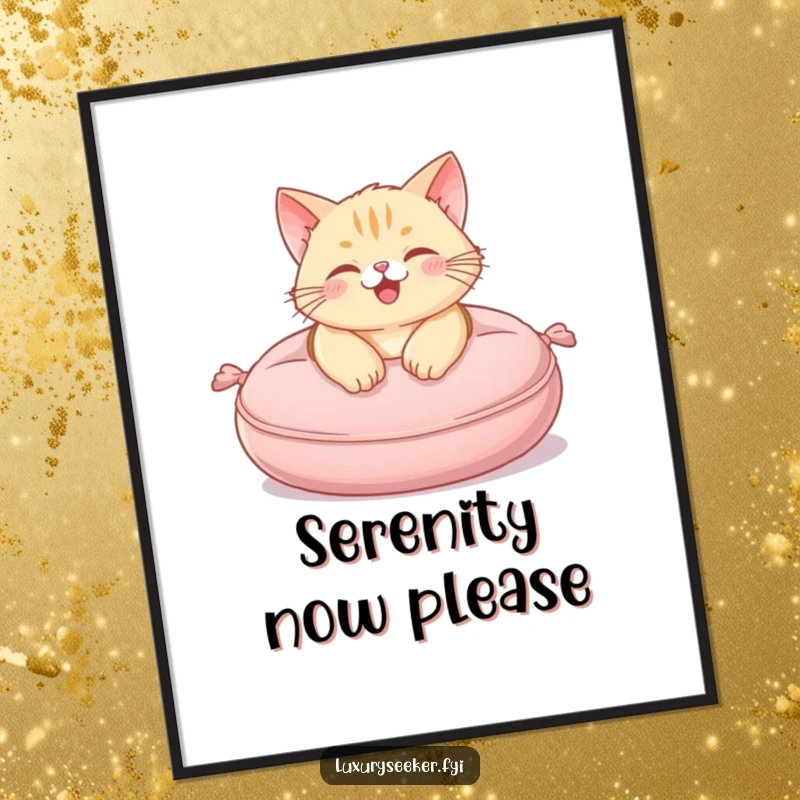 Funny Poster featuring a happy cat lounging on a plush, miniature velvet cushion, embodying pure serenity.