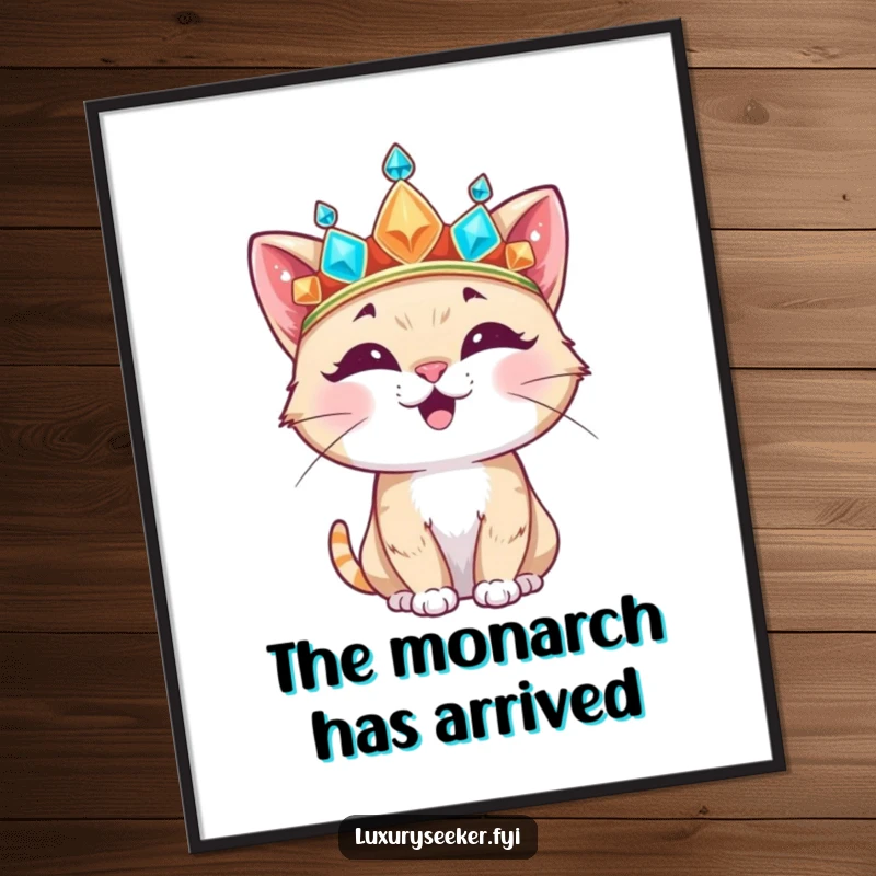 Funny Poster of a happy cat character wearing a giant, jeweled crown, bringing a regal and humorous vibe to any room.