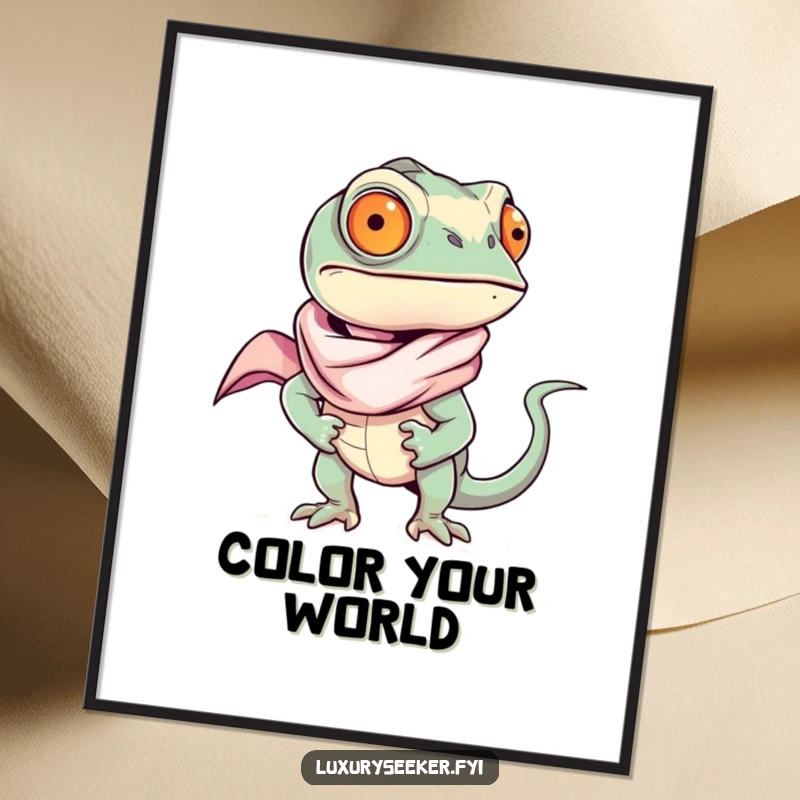 Funny chameleon artistically rendered in a flowing silk scarf, radiating confidence and sass on a poster, a unique funny gift.