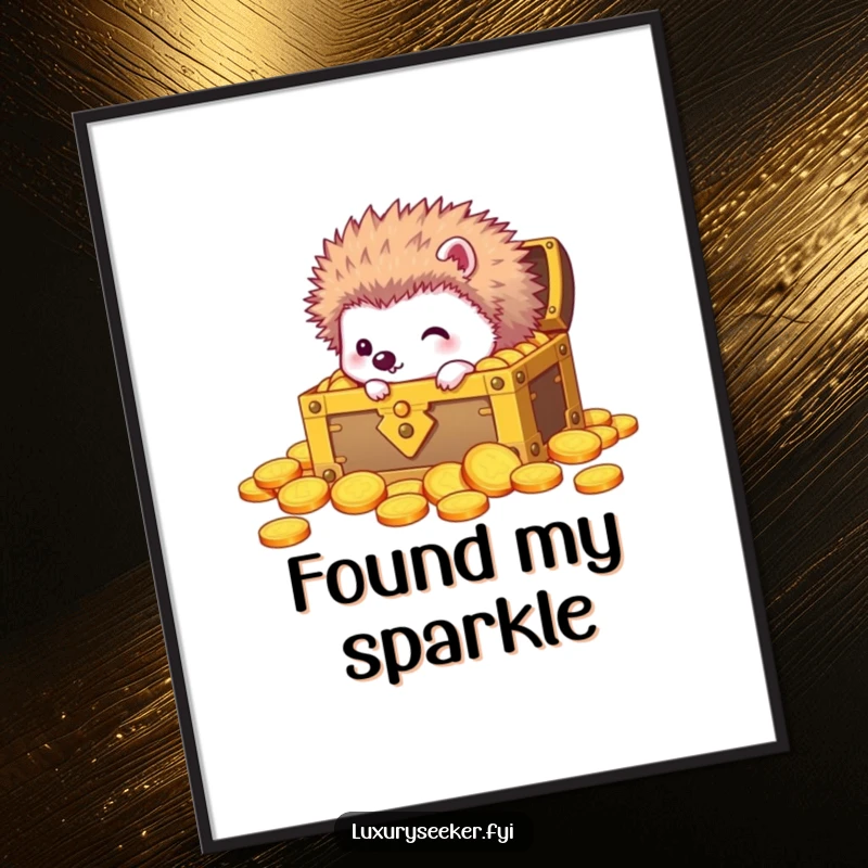 Funny poster art of a curious hedgehog peeking into a treasure chest brimming with gold coins, conveying a sense of wonder.