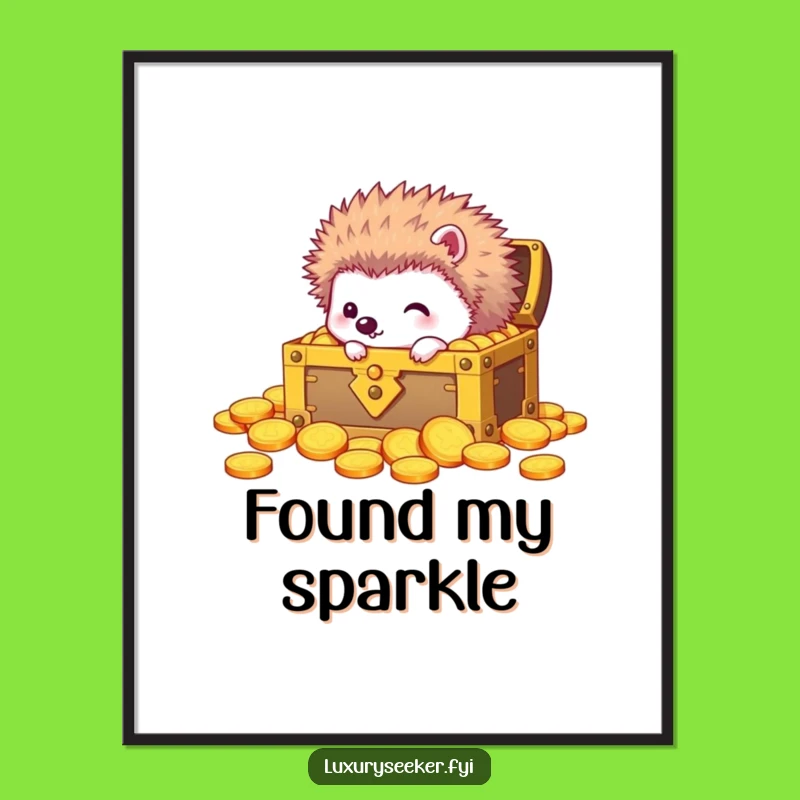 Funny Curious Hedgehog Treasure Poster: Golden Discovery Wall Art Gift