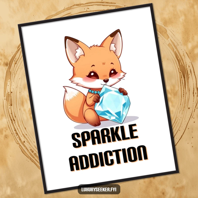 Funny poster featuring a curious fox character admiring a large, sparkling diamond necklace, capturing a moment of pure, humorous desire.