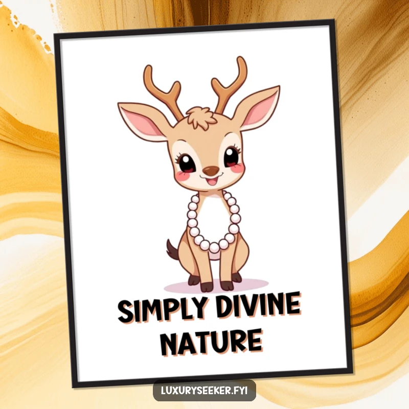 Funny Poster: A graceful deer strikes a pose with a pearl necklace, exuding humorous elegance and charm.