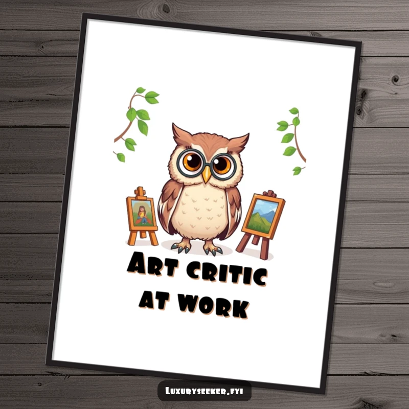Funny art print of a proud owl wearing a monocle, observing a miniature art gallery, perfect for adding cultured and humorous decor.