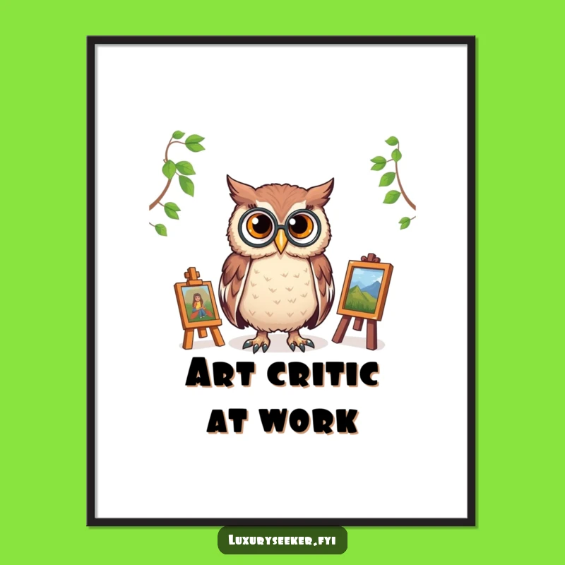 Funny Owl Art Print: Monocled Critic Surveys Gallery, Chic Wall Decor Funny Gift