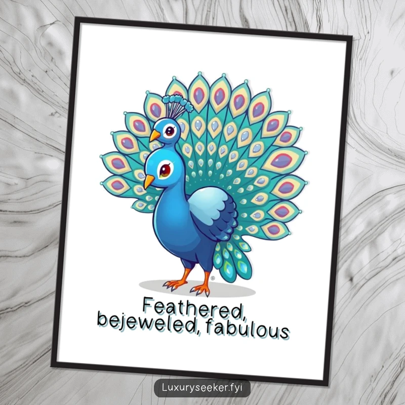 Funny Peacock Poster showcasing a proud bird fanning its tail feathers decorated with tiny, glittering gems for a humorous and elegant display.