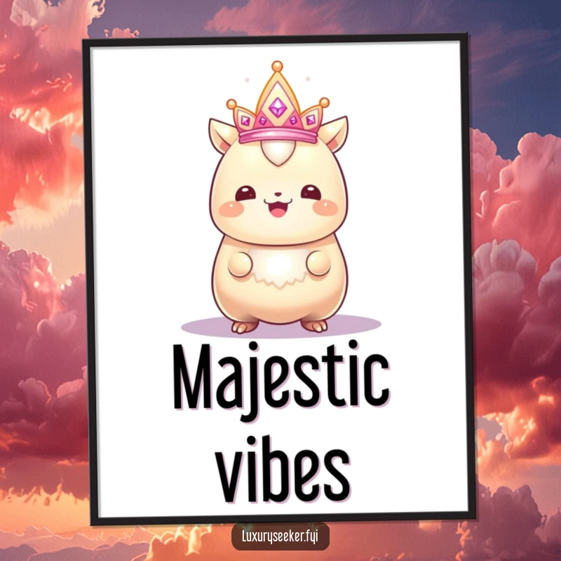 Funny poster of a gleaming creature with a proud smile admiring a sparkling, tiny crown, adding humorous regal charm to any space.