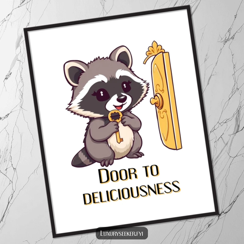 Funny poster: A content raccoon holds a small, ornate key and peers through a tiny, golden, intricately designed door.