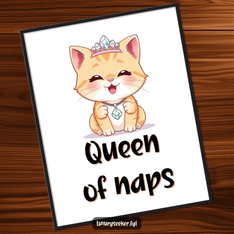 Funny Poster: A delighted cat flaunts a tiny diamond tiara, admiring a sparkling necklace, adding a glamorous and humorous feline touch.