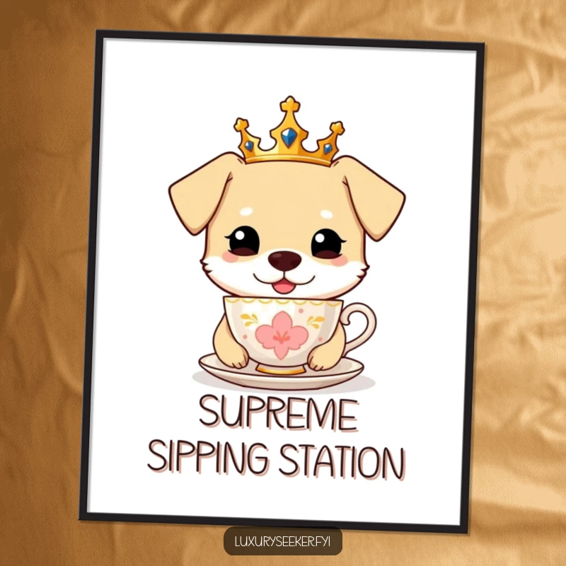 Funny Poster: A happy dog wearing a small crown, elegantly sipping from a golden teacup.