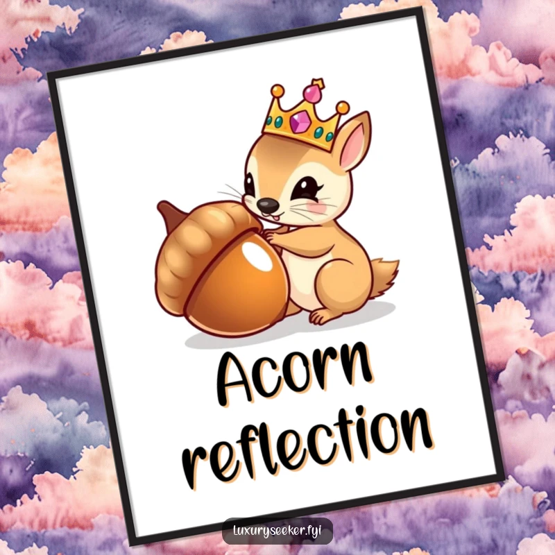 Funny poster illustrating a tiny squirrel wearing a jeweled crown, admiring its reflection in a polished acorn, adding regal humor.