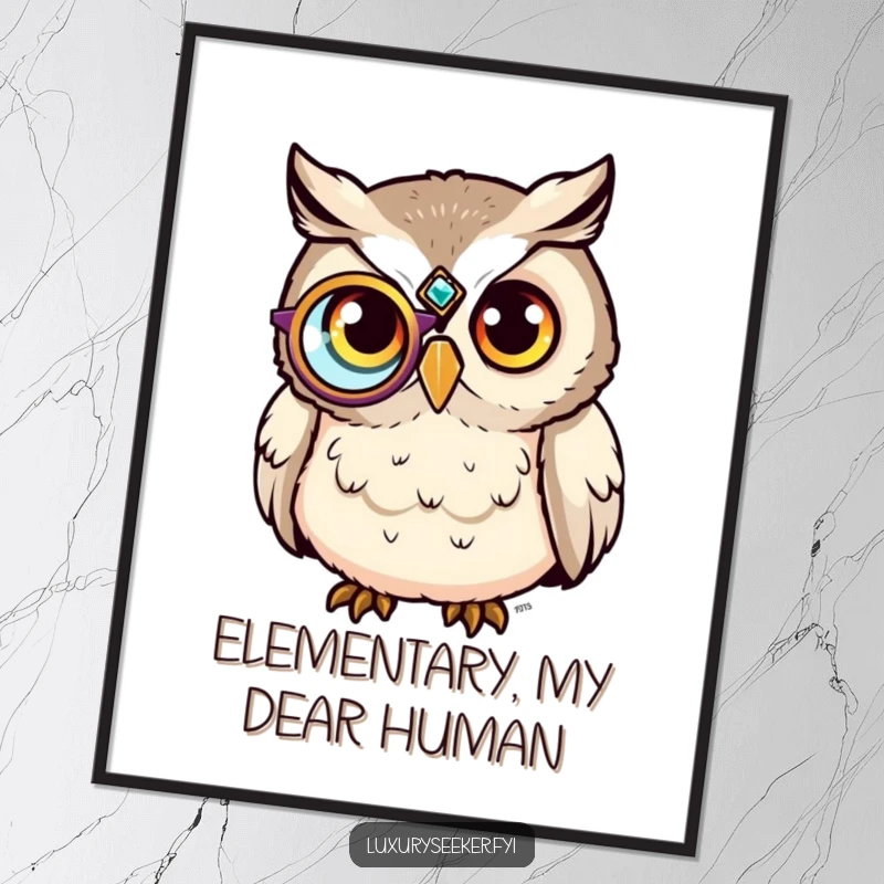 Funny Poster: A sophisticated owl wearing a jeweled monocle looks content, exuding humorous wisdom and charm.