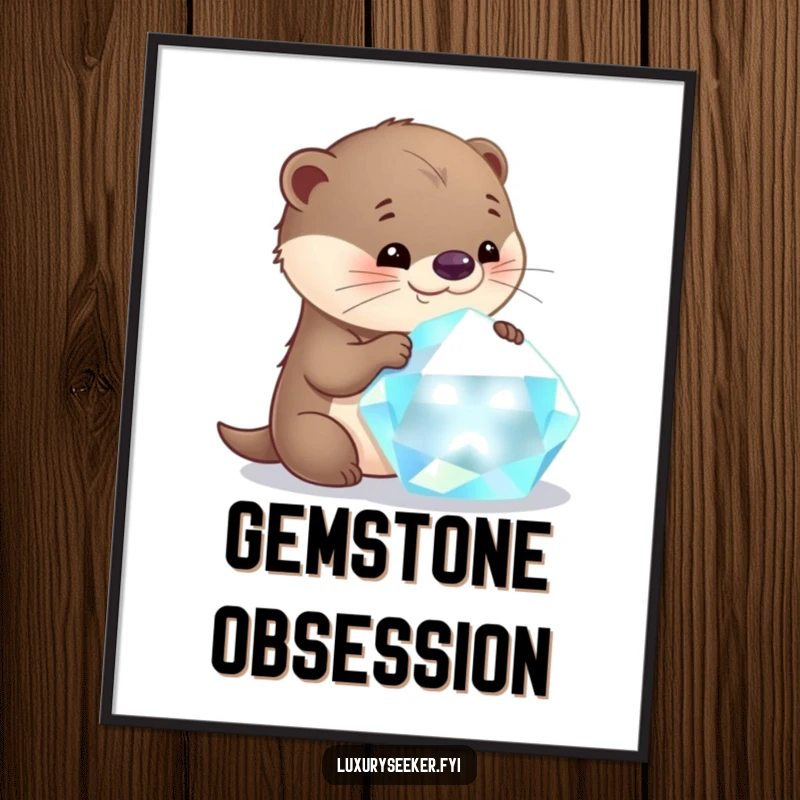 Funny otter poster art of a curious character joyfully examining a massive, luminous gemstone with wide, amazed eyes.