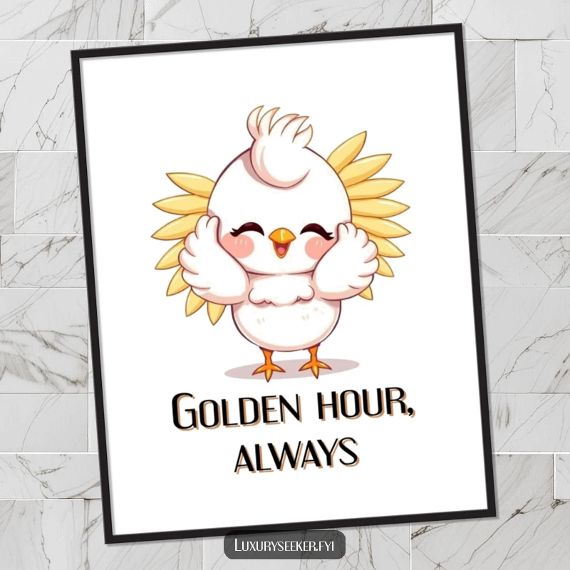 Funny Bird Poster: A happy bird preens, letting a cascade of golden feathers fall, creating a visually stunning and humorous artwork.