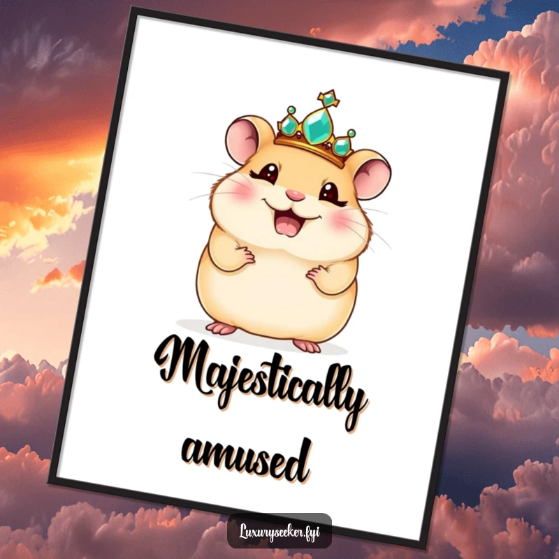 Funny poster: A giggling hamster sits majestically, adorned with a tiny jeweled crown, exuding regal charm.
