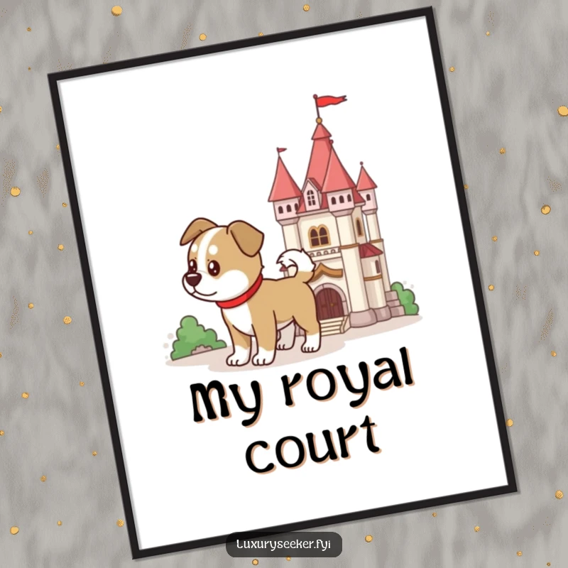 Funny determined dog beside a miniature castle as wall art, conveying loyalty and charm, a funny gift.