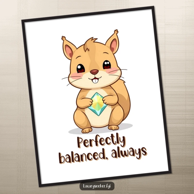 Funny Squirrel Poster depicting a cheerful squirrel with a radiant smile, balancing a single, large, sparkly gemstone on its nose.