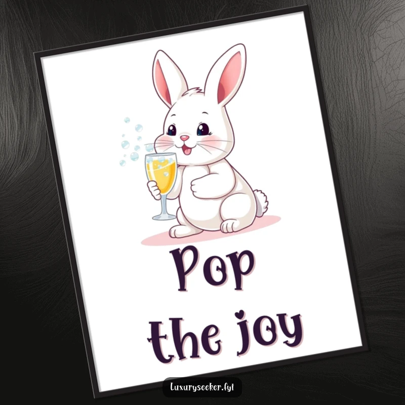 Funny poster: A happy bunny holding a miniature champagne flute with overflowing bubbles, perfect for adding festive humor to walls.