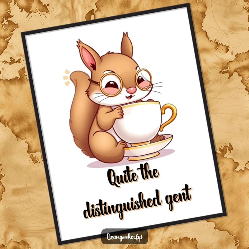 Funny poster of a cheerful squirrel with a tiny monocle, elegantly sipping from a miniature golden teacup, embodying refined leisure.