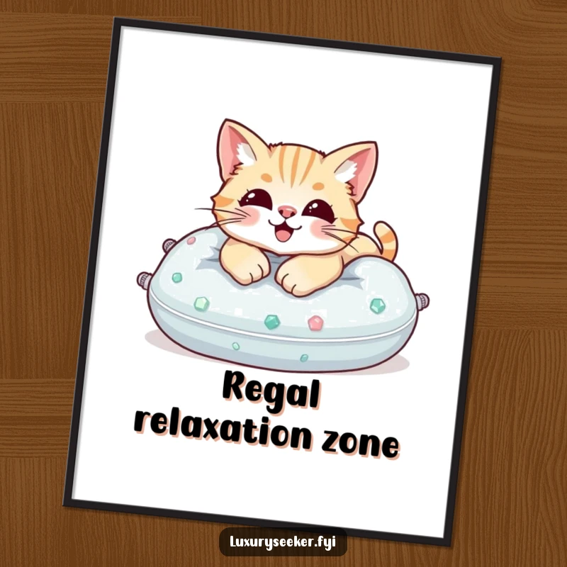 Funny Poster: A happy cat basking in comfort on a lavish pillow adorned with dazzling gemstones.